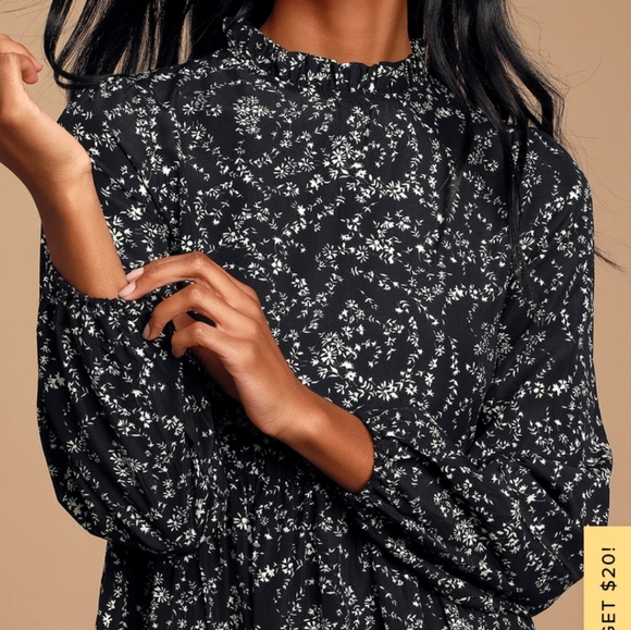 Little Love Black Floral Print Long Sleeve Babydoll Dress - Picture 2 of 5